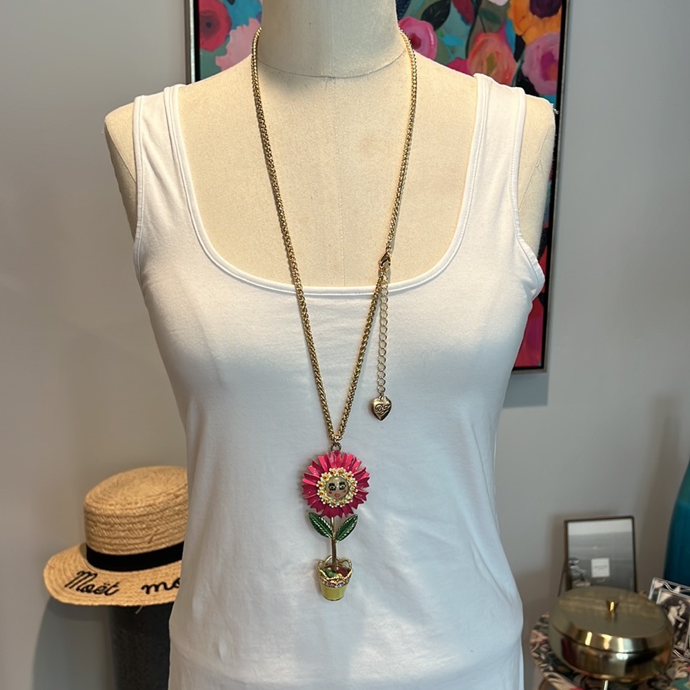 Betsey Johnson Flower Pot & Caterpillar Long Pendant Necklace, EUC
